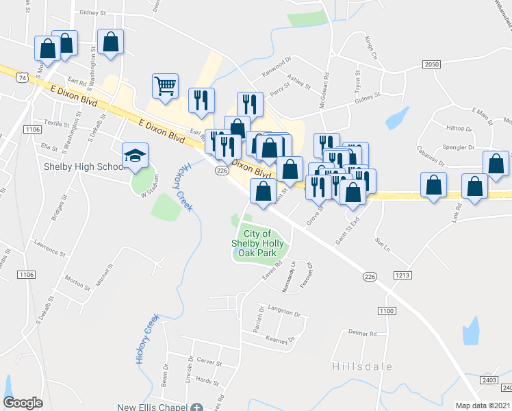 map of restaurants, bars, coffee shops, grocery stores, and more near 702 Earl Rd in Shelby