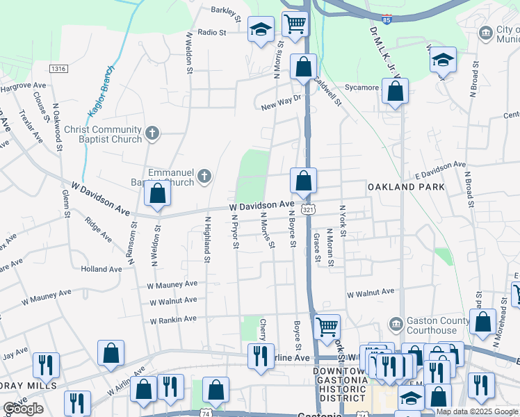 map of restaurants, bars, coffee shops, grocery stores, and more near 521 West Davidson Avenue in Gastonia