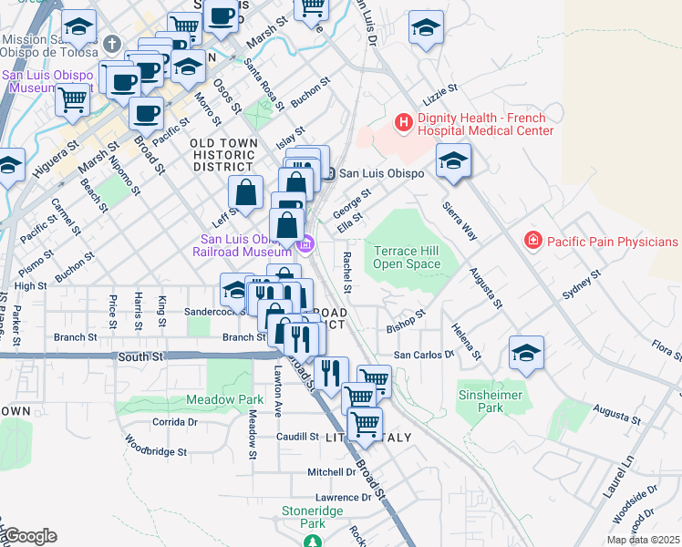 map of restaurants, bars, coffee shops, grocery stores, and more near 2075 Rachel St in San Luis Obispo