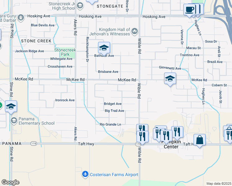 map of restaurants, bars, coffee shops, grocery stores, and more near 3603 Kimmie Rachelle Court in Bakersfield