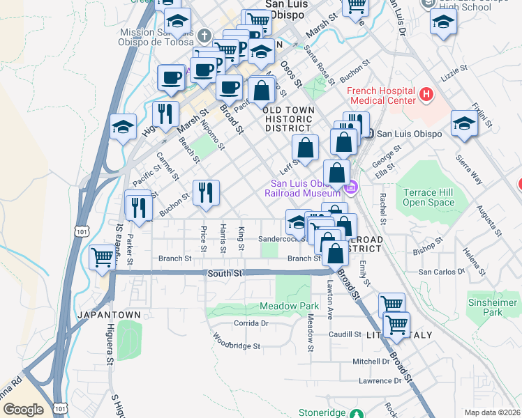 map of restaurants, bars, coffee shops, grocery stores, and more near 480 High Street in San Luis Obispo