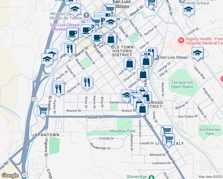 map of restaurants, bars, coffee shops, grocery stores, and more near 480 High Street in San Luis Obispo