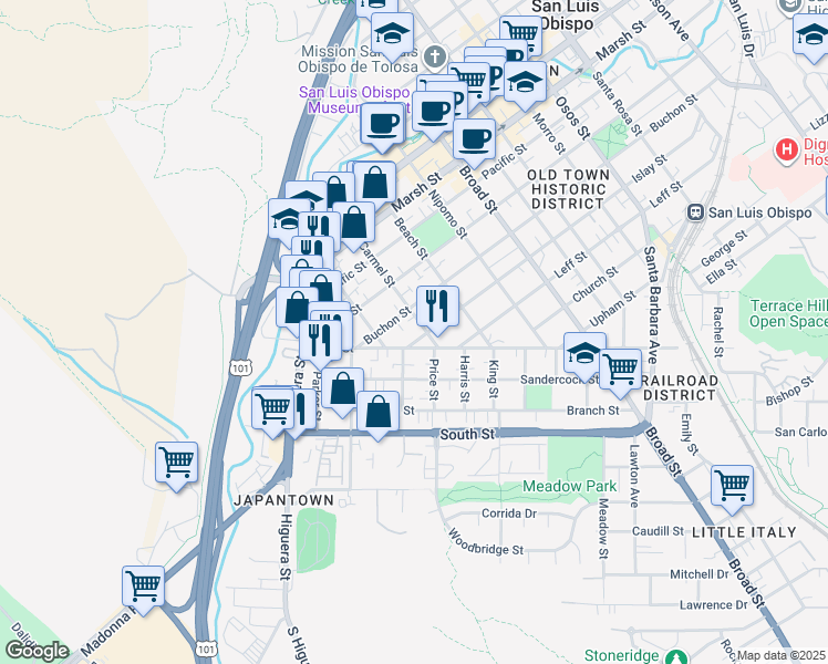 map of restaurants, bars, coffee shops, grocery stores, and more near 350 Islay Street in San Luis Obispo