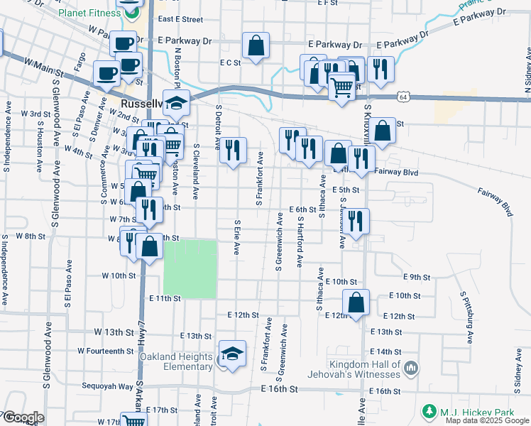 map of restaurants, bars, coffee shops, grocery stores, and more near 600-622 S Greenwich Ave in Russellville