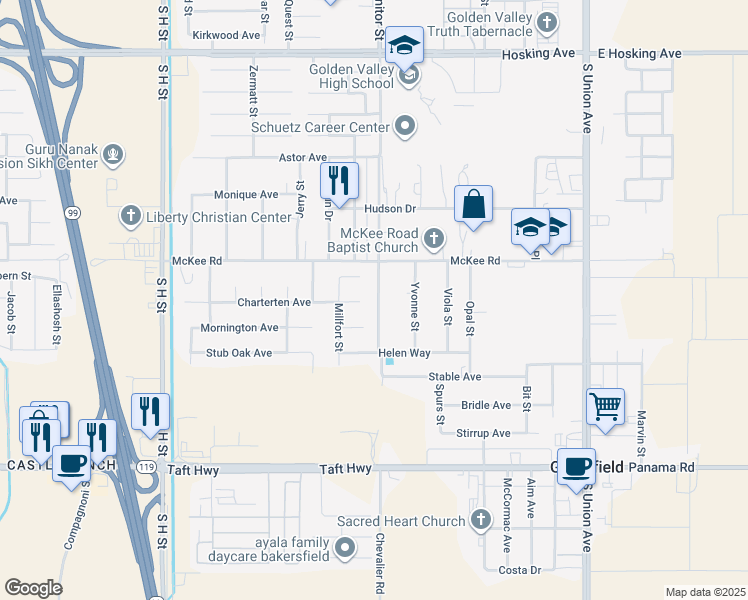 map of restaurants, bars, coffee shops, grocery stores, and more near 900 Charterten Avenue in Bakersfield
