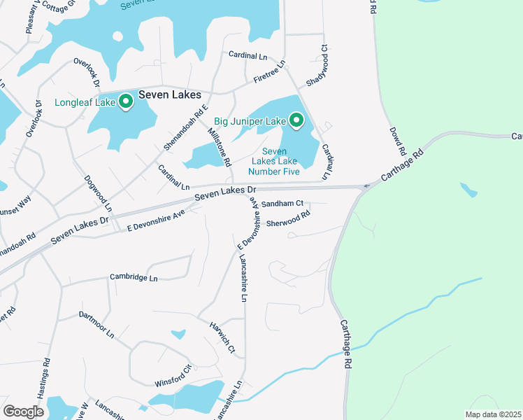 map of restaurants, bars, coffee shops, grocery stores, and more near 102 Sandham Court in Seven Lakes