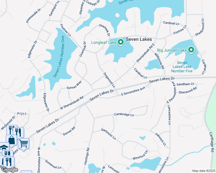 map of restaurants, bars, coffee shops, grocery stores, and more near Shenandoah Road in Seven Lakes