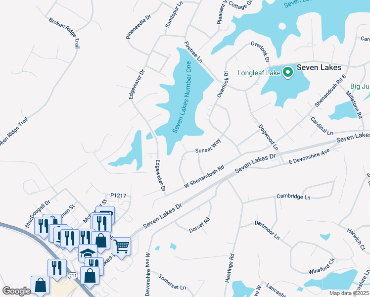 map of restaurants, bars, coffee shops, grocery stores, and more near Calmwater Court in Seven Lakes
