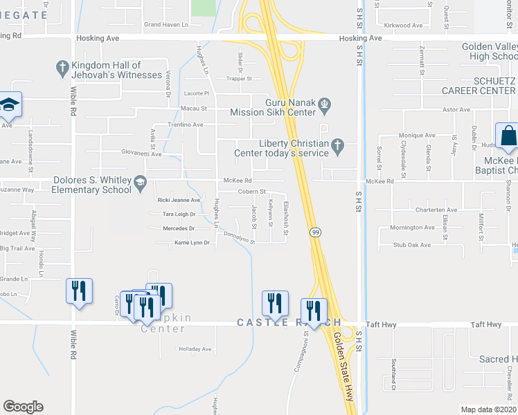 map of restaurants, bars, coffee shops, grocery stores, and more near 9016 Jacob Street in Bakersfield