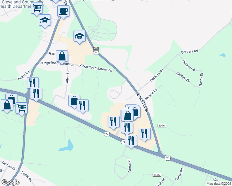 map of restaurants, bars, coffee shops, grocery stores, and more near 101 Camden Court in Shelby