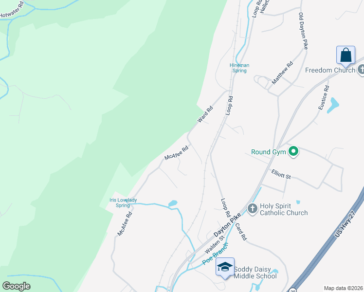 map of restaurants, bars, coffee shops, grocery stores, and more near 10729 McAfee Road in Soddy-Daisy