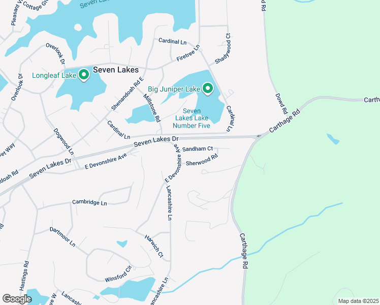 map of restaurants, bars, coffee shops, grocery stores, and more near 106 Sandham Court in Seven Lakes