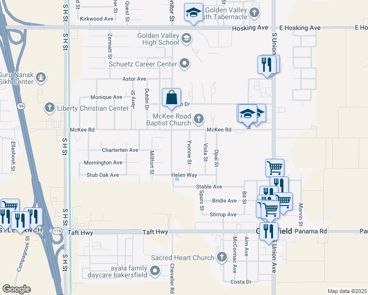 map of restaurants, bars, coffee shops, grocery stores, and more near 900 Charterten Avenue in Bakersfield