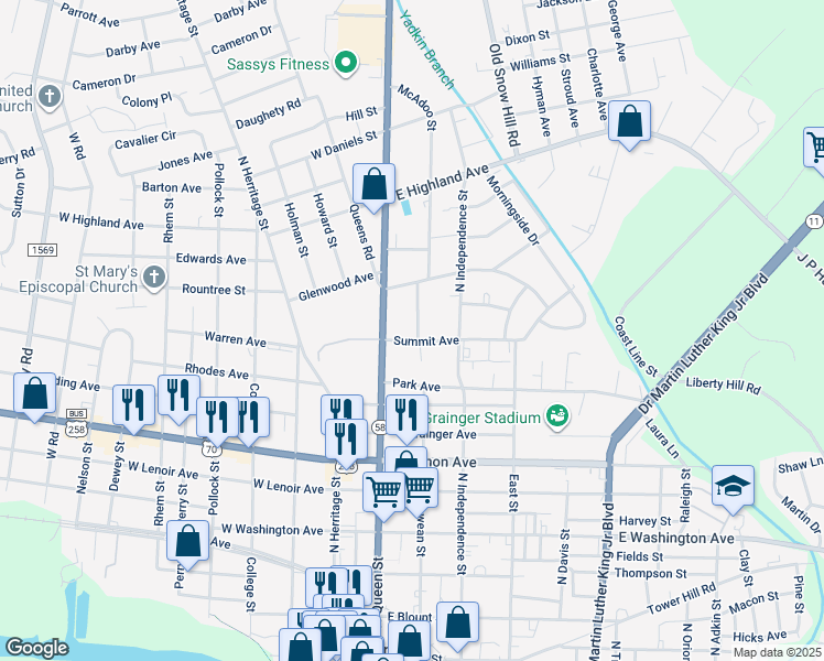 map of restaurants, bars, coffee shops, grocery stores, and more near 103 Summit Avenue in Kinston