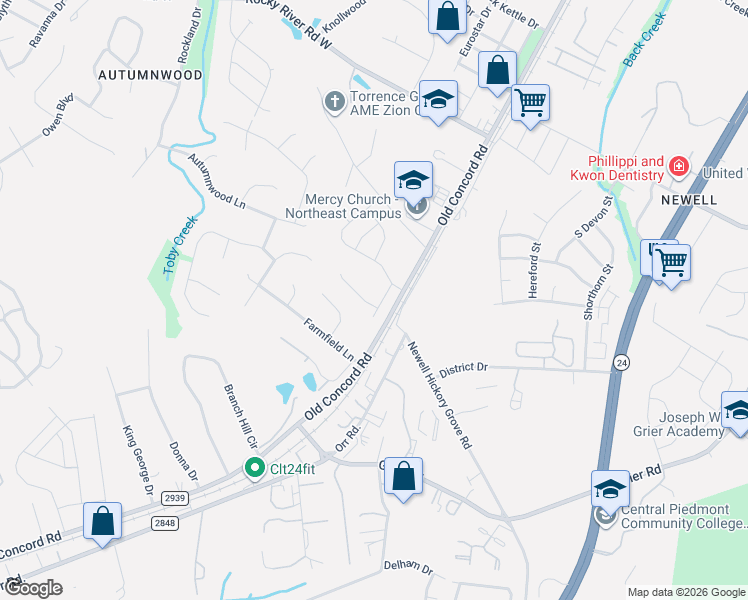 map of restaurants, bars, coffee shops, grocery stores, and more near 7424 Ponders End Lane in Charlotte