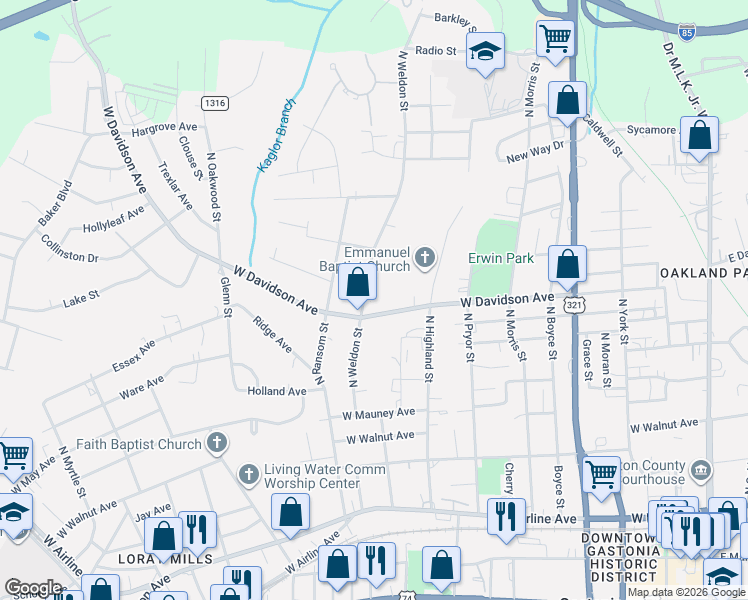 map of restaurants, bars, coffee shops, grocery stores, and more near 802 North Weldon Street in Gastonia