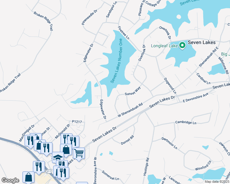 map of restaurants, bars, coffee shops, grocery stores, and more near Calmwater Court in Seven Lakes