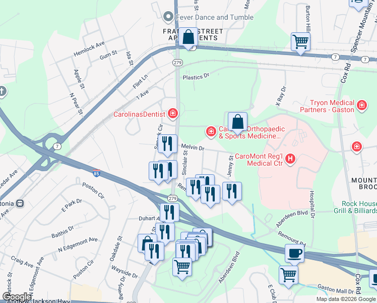 map of restaurants, bars, coffee shops, grocery stores, and more near 568 North New Hope Road in Gastonia