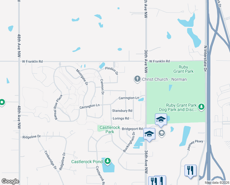 map of restaurants, bars, coffee shops, grocery stores, and more near 3824 Warrington Way in Norman