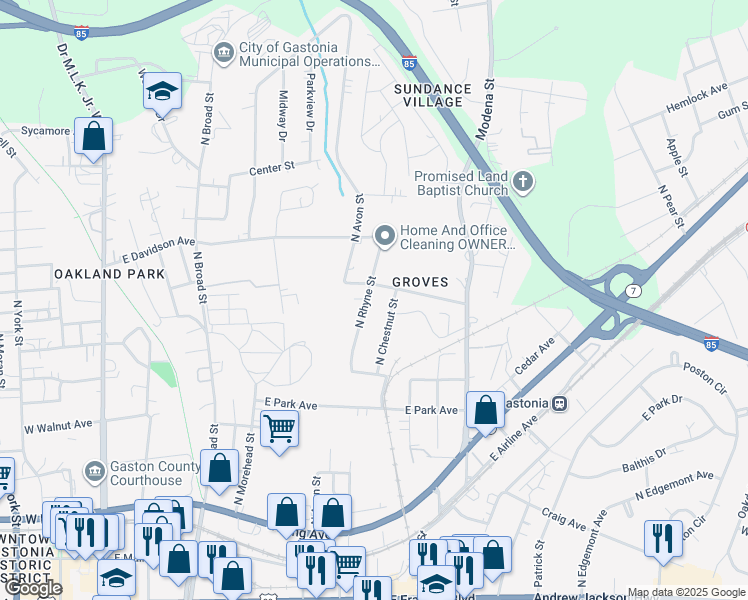 map of restaurants, bars, coffee shops, grocery stores, and more near 609 North Rhyne Street in Gastonia