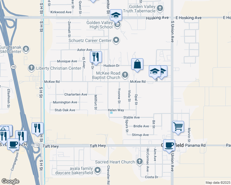 map of restaurants, bars, coffee shops, grocery stores, and more near 900 Charterten Avenue in Bakersfield