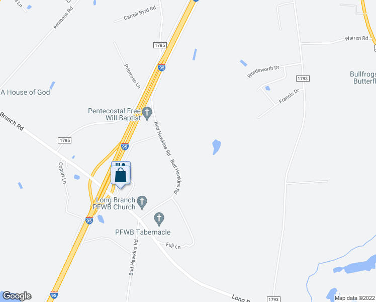 map of restaurants, bars, coffee shops, grocery stores, and more near 1397 Bud Hawkins Road in Dunn