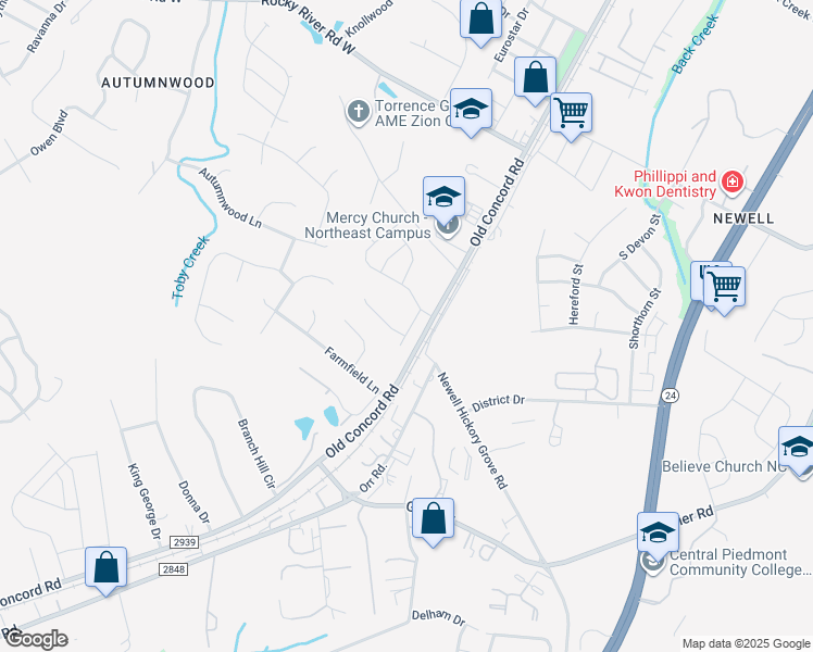 map of restaurants, bars, coffee shops, grocery stores, and more near 2822 Curbstone Lane in Charlotte