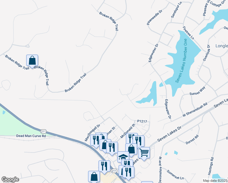 map of restaurants, bars, coffee shops, grocery stores, and more near MacDougall Drive in Seven Lakes