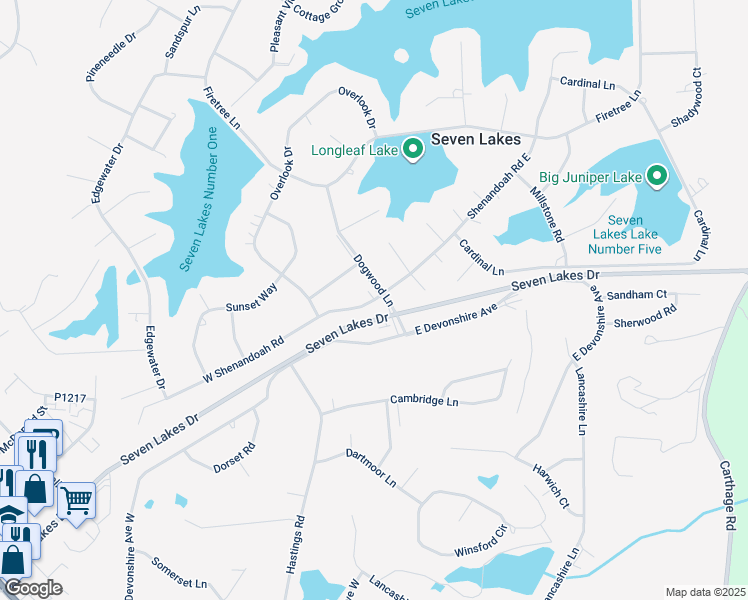 map of restaurants, bars, coffee shops, grocery stores, and more near 152 Shenandoah Road in Seven Lakes