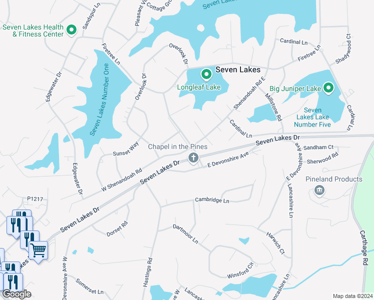 map of restaurants, bars, coffee shops, grocery stores, and more near 142 Shenandoah Road in Seven Lakes