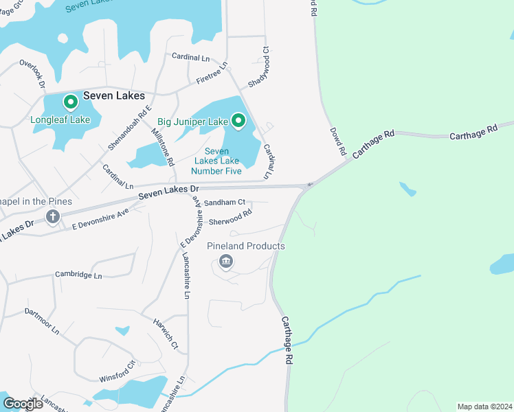 map of restaurants, bars, coffee shops, grocery stores, and more near 124 Sherwood Road in Seven Lakes