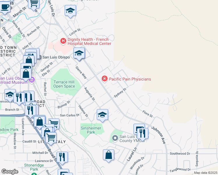 map of restaurants, bars, coffee shops, grocery stores, and more near 2406 Johnson Avenue in San Luis Obispo