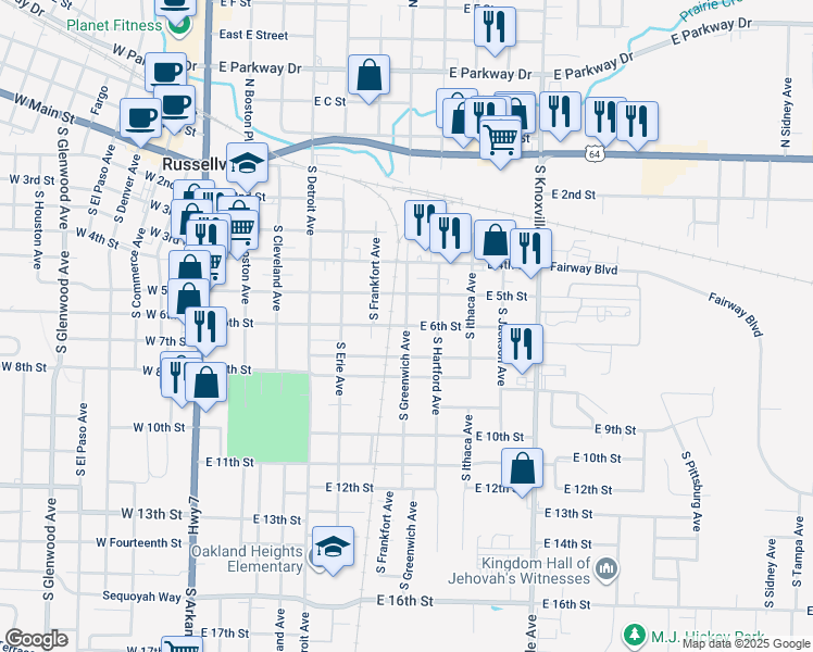 map of restaurants, bars, coffee shops, grocery stores, and more near 600 South Greenwich Avenue in Russellville