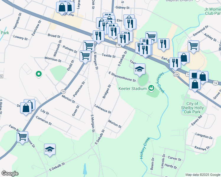 map of restaurants, bars, coffee shops, grocery stores, and more near 1131 Bridges Street in Shelby