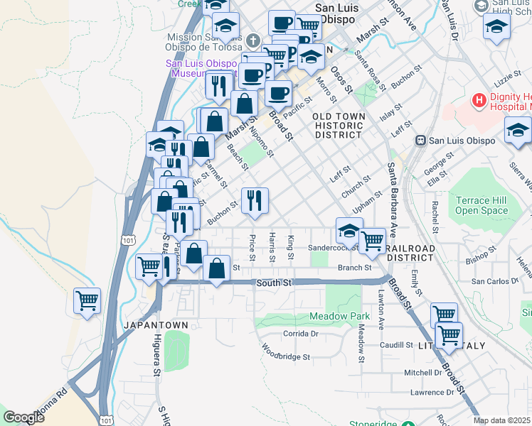 map of restaurants, bars, coffee shops, grocery stores, and more near 1618 Carmel Street in San Luis Obispo