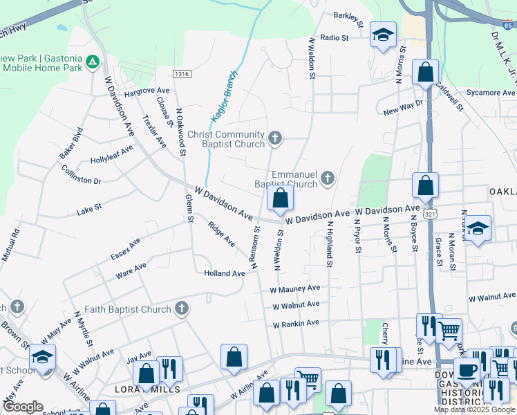 map of restaurants, bars, coffee shops, grocery stores, and more near 911 North Ransom Street in Gastonia