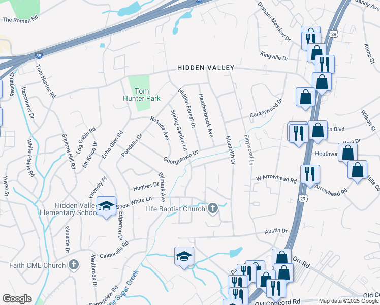 map of restaurants, bars, coffee shops, grocery stores, and more near 6300 Spring Garden Lane in Charlotte