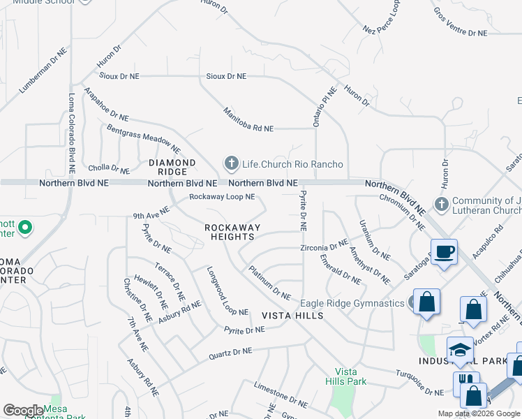 map of restaurants, bars, coffee shops, grocery stores, and more near 4608 Rockaway Loop Northeast in Rio Rancho