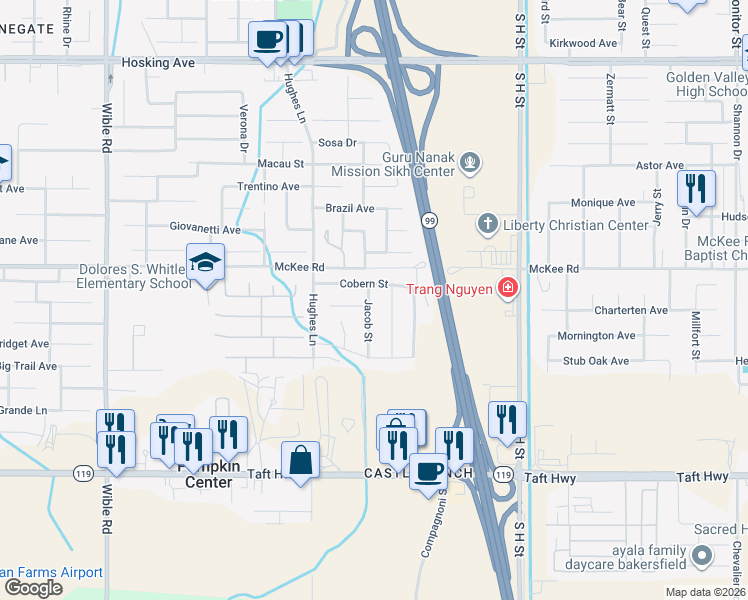 map of restaurants, bars, coffee shops, grocery stores, and more near 2301 Lebow Court in Bakersfield