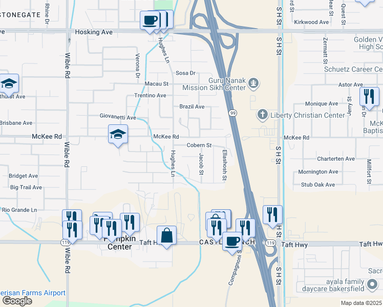 map of restaurants, bars, coffee shops, grocery stores, and more near 2301 Lebow Court in Bakersfield