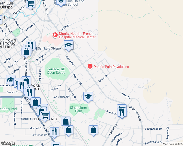 map of restaurants, bars, coffee shops, grocery stores, and more near 2375 Johnson Avenue in San Luis Obispo