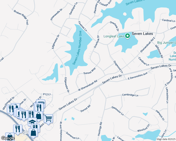 map of restaurants, bars, coffee shops, grocery stores, and more near 118 Sunset Way in Seven Lakes