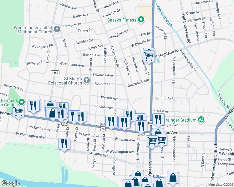 map of restaurants, bars, coffee shops, grocery stores, and more near 1100 College Street in Kinston