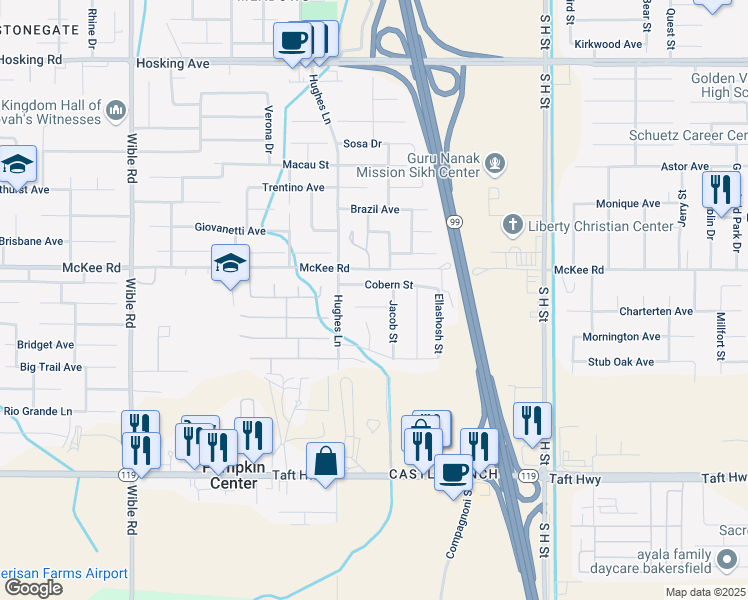 map of restaurants, bars, coffee shops, grocery stores, and more near 2301 Lebow Court in Bakersfield