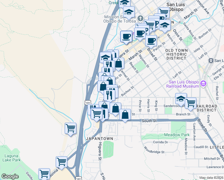 map of restaurants, bars, coffee shops, grocery stores, and more near 1390 Walker Street in San Luis Obispo