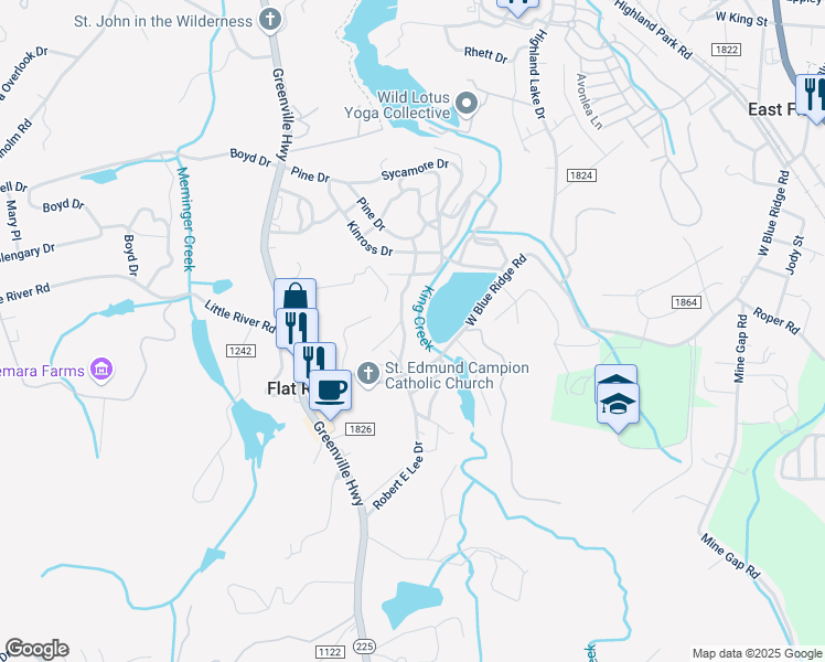 map of restaurants, bars, coffee shops, grocery stores, and more near 1151 West Blue Ridge Road in Flat Rock