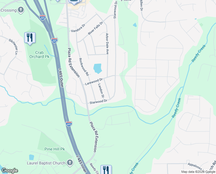map of restaurants, bars, coffee shops, grocery stores, and more near 10414 Starwood Drive in Charlotte