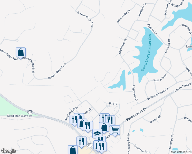 map of restaurants, bars, coffee shops, grocery stores, and more near 195 Shagbark Road in Seven Lakes