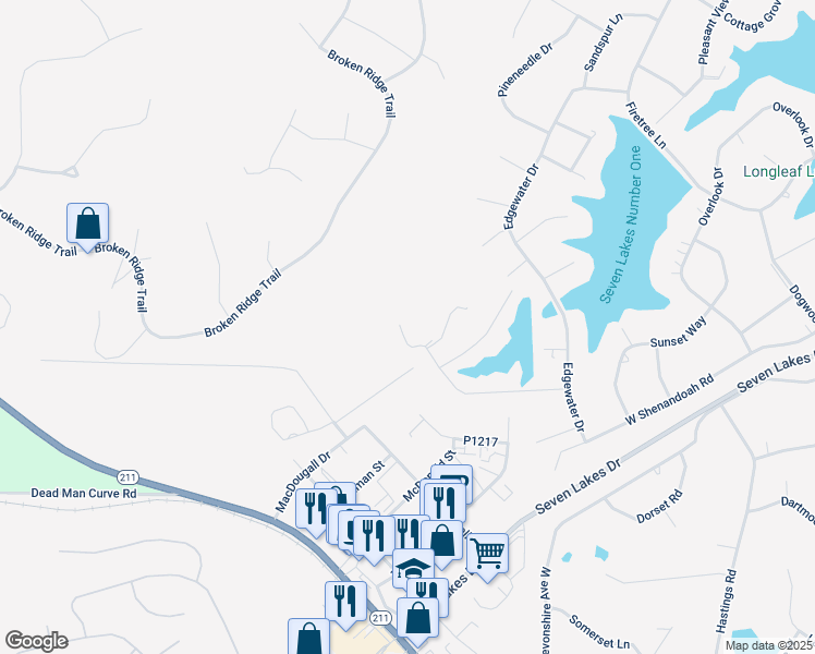 map of restaurants, bars, coffee shops, grocery stores, and more near 195 Shagbark Road in Seven Lakes