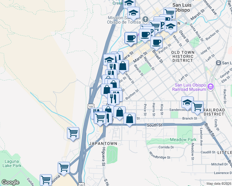 map of restaurants, bars, coffee shops, grocery stores, and more near 1390 Walker Street in San Luis Obispo